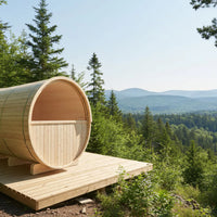 Turku 6-Person Outdoor Finnish Barrel Sauna with Terrace, Northern European Spruce, 8KW Spirit WiFi Heater
