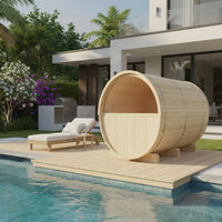 Turku 6-Person Outdoor Finnish Barrel Sauna with Terrace, Northern European Spruce, 8KW Spirit WiFi Heater