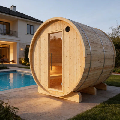 Vassa 6-Person Outdoor Finnish Barrel Sauna, Northern European Spruce, 8KW Spirit WiFi Heater