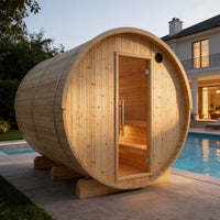 Vassa 6-Person Outdoor Finnish Barrel Sauna, Northern European Spruce, 8KW Spirit WiFi Heater