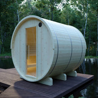 Vassa 6-Person Outdoor Finnish Barrel Sauna, Northern European Spruce, 8KW Spirit WiFi Heater