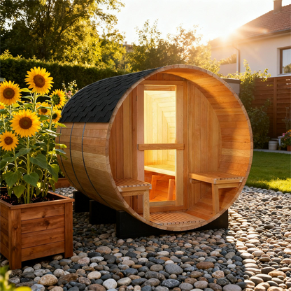 6 Person Outdoor Barrel Sauna with Front Porch, Hemlock Traditional Steam Barrel Sauna Kit with Half-viewing Window