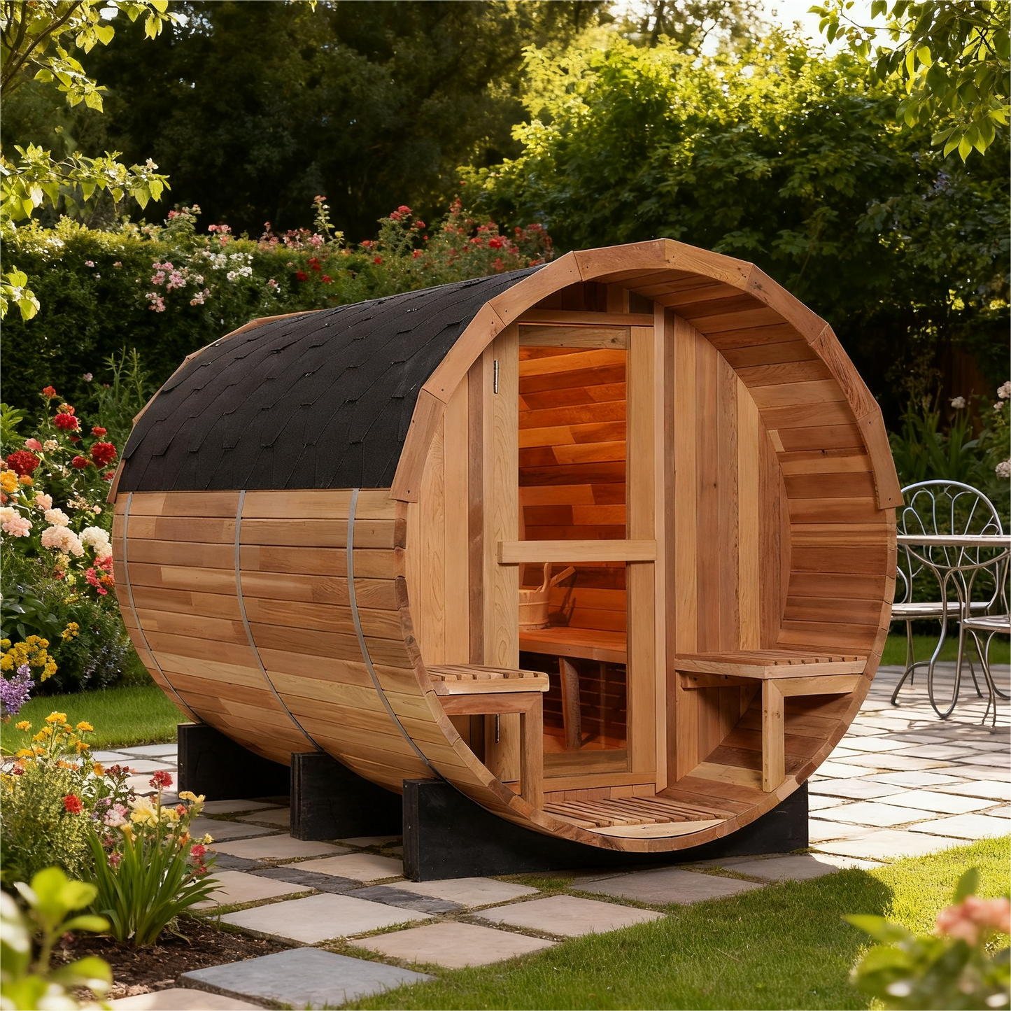 6 Person Outdoor Barrel Sauna with Front Porch, Patchwork Red Cedar Traditional Steam Barrel Sauna Kit with Outdoor Waterproof Tile and More