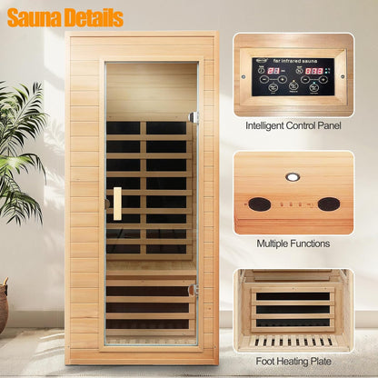 1 Person Far Infrared Sauna – Canadian Hemlock Wood, 1290W Low EMF Home Sauna with Bluetooth Speakers & Reading Lamp