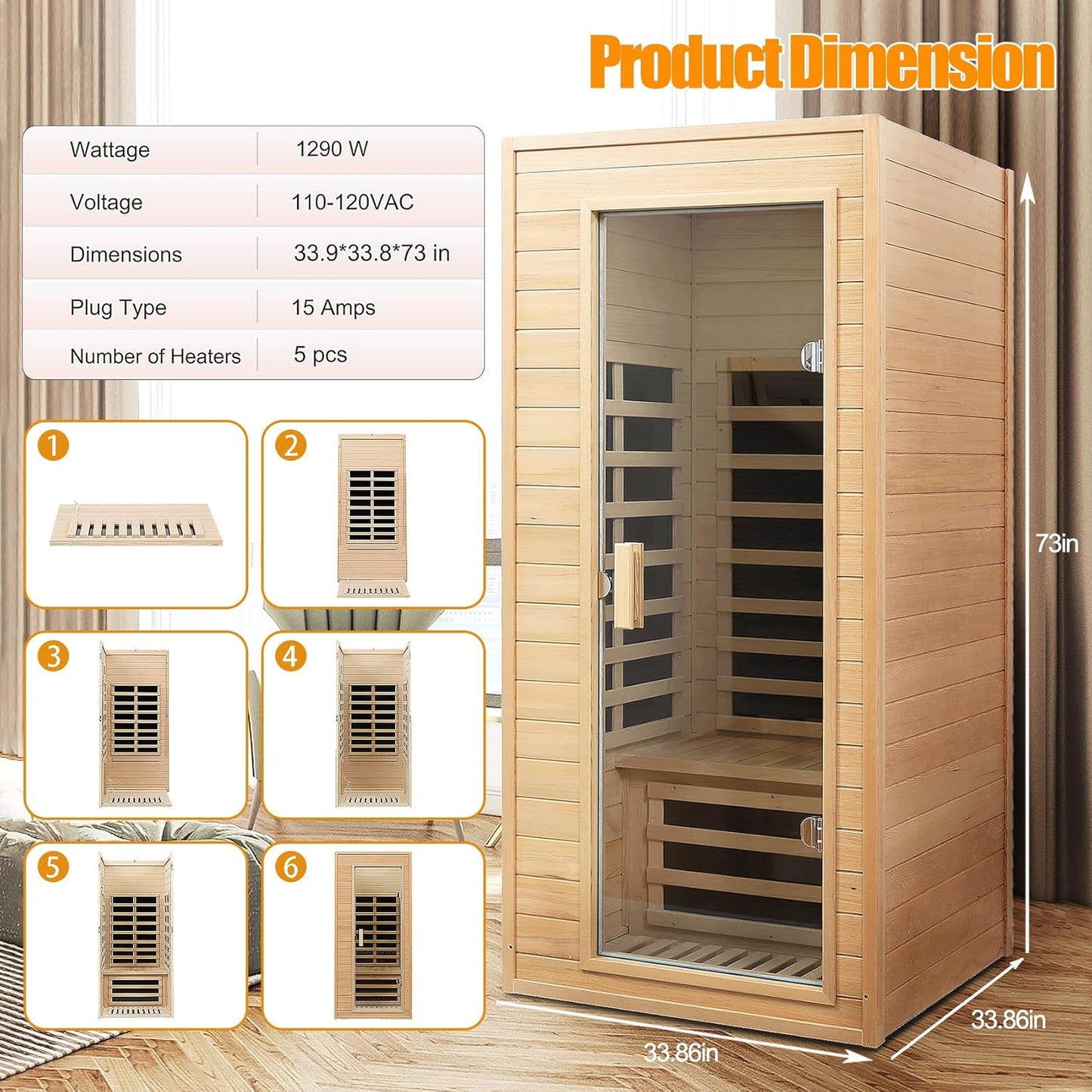 1 Person Far Infrared Sauna – Canadian Hemlock Wood, 1290W Low EMF Home Sauna with Bluetooth Speakers & Reading Lamp
