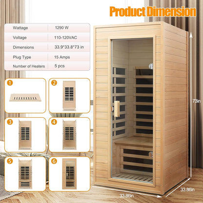 1 Person Far Infrared Sauna – Canadian Hemlock Wood, 1290W Low EMF Home Sauna with Bluetooth Speakers & Reading Lamp