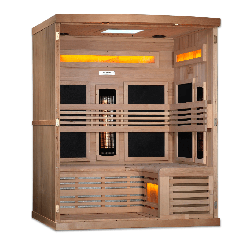 Golden Designs 3-Person Full Spectrum PureTech™ Near Zero EMF FAR Infrared Sauna with Himalayan Salt Bar & Canadian Hemlock