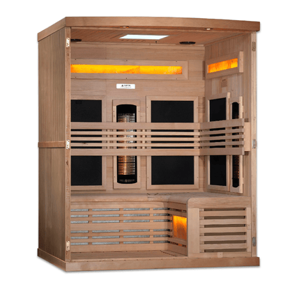 Golden Designs 3-Person Full Spectrum PureTech™ Near Zero EMF FAR Infrared Sauna with Himalayan Salt Bar & Canadian Hemlock