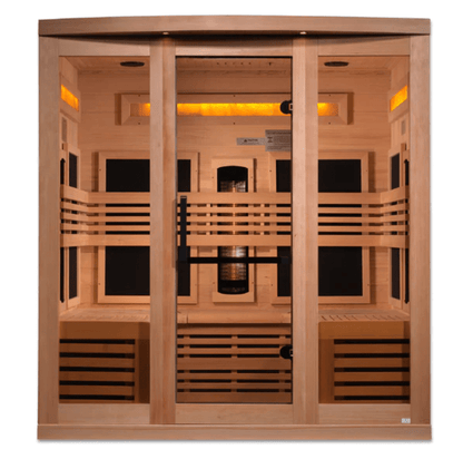Golden Designs "Reserve Edition" 6-Person Full Spectrum PureTech™ Near Zero EMF FAR Infrared Sauna with Himalayan Salt Bar & Canadian Hemlock