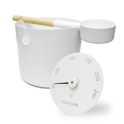 SaunaLife Aluminum 1-Gallon Sauna Bucket Set with Wood Ladle and Thermometer, White