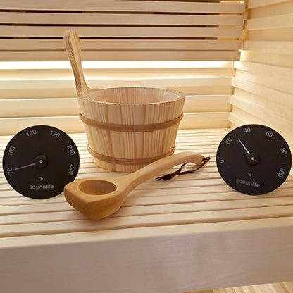 SaunaLife Wooden 1-Gallon Sauna Bucket, Wood Ladle, Thermometer, Hygrometer, Black